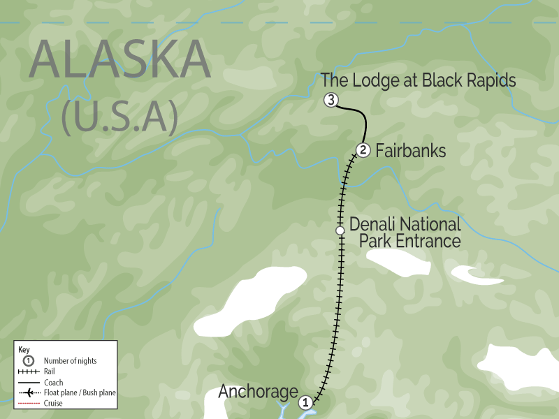 Alaska Aurora Train with Lodge at Black Rapids map