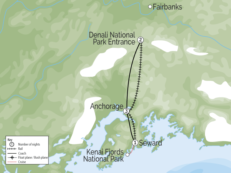 Alaska by Train Glaciers, Fjords & Denali map
