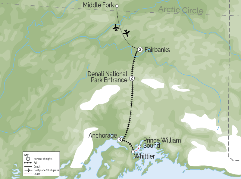 Alaska Land Tour with Denali Glaciers and the Arctic map