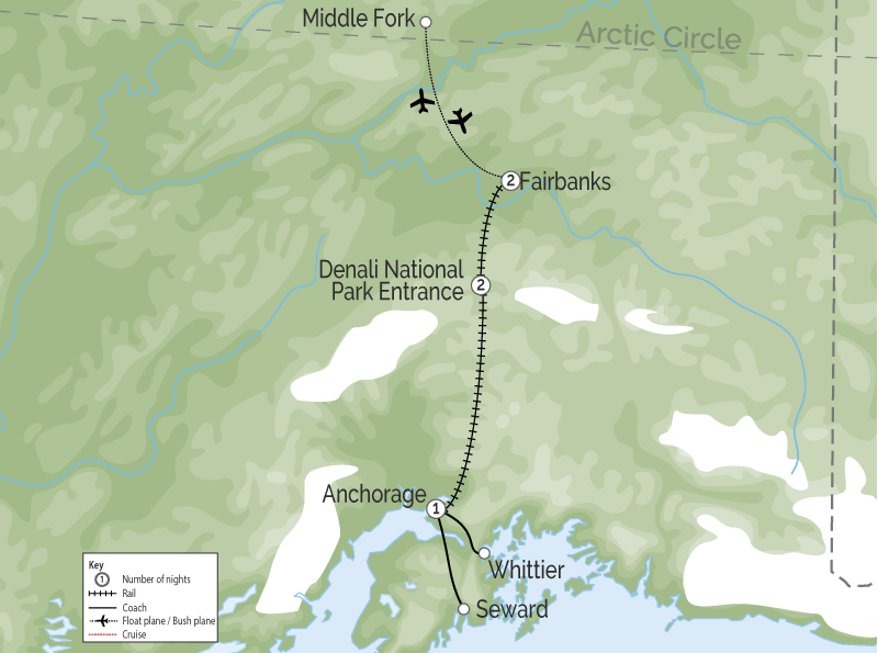 Alaska Train Vacation with the Arctic Cruise Connector map