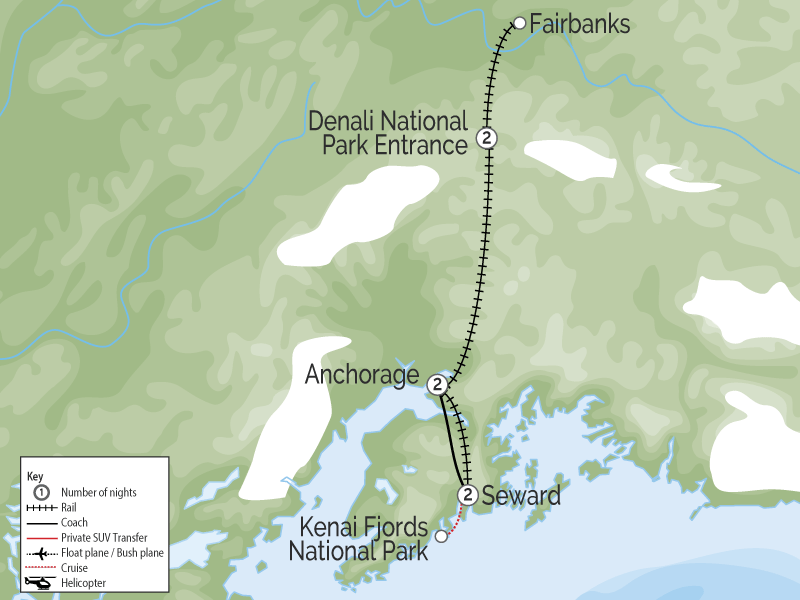 Alaska Trains Glaciers & Denali map