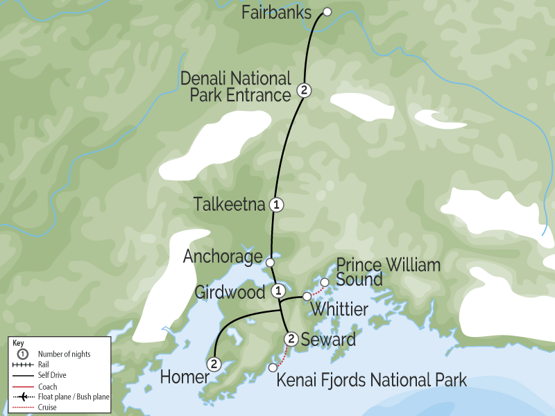 Alaska’s Mountains, Glaciers & Wildlife | First Time Favorites Drive Tour map