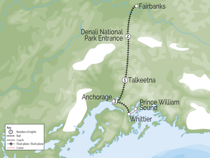 Prince William Sound Denali Explorer | Alaska Favorites by Rail map