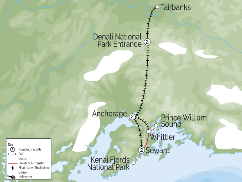 Spectacular Glaciers, Denali & Alaska Rail Adventure map